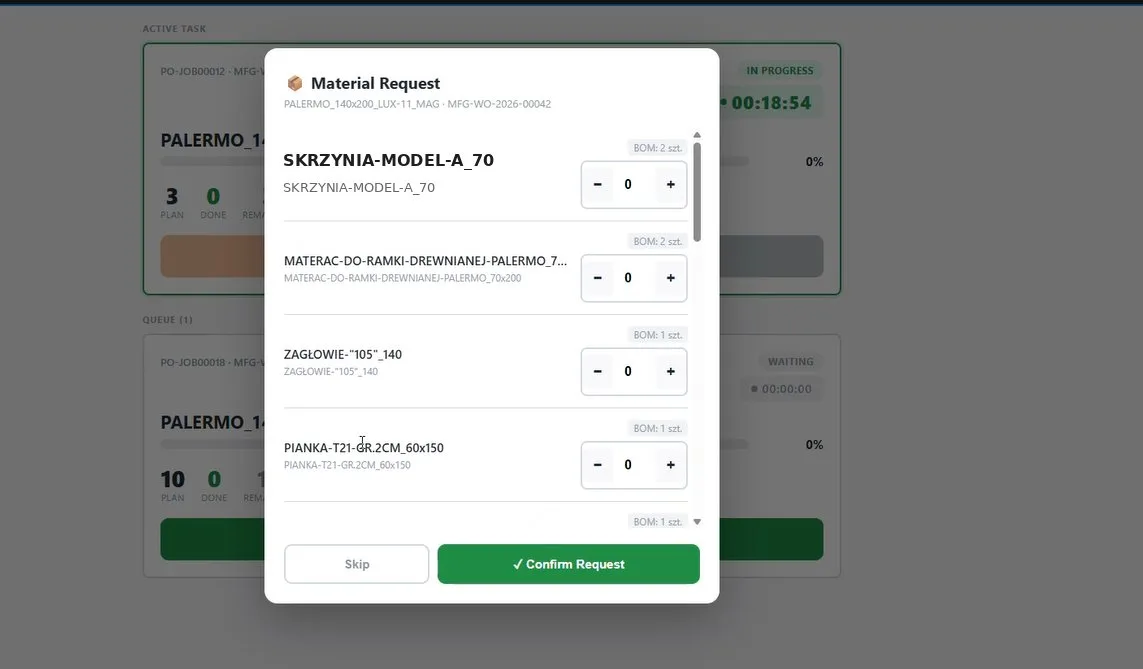 Pobieranie materiałów z magazynu ERPNext - widok operatora