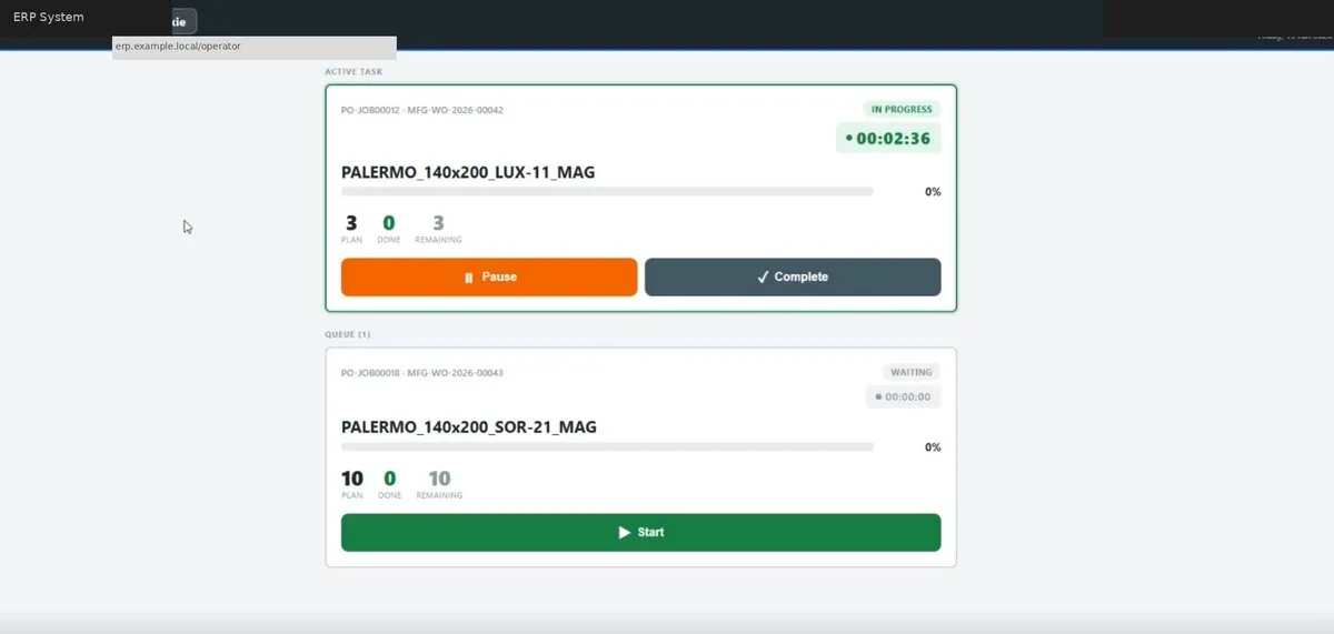 Panel operatora w ERPNext z lista zadan na stanowisku