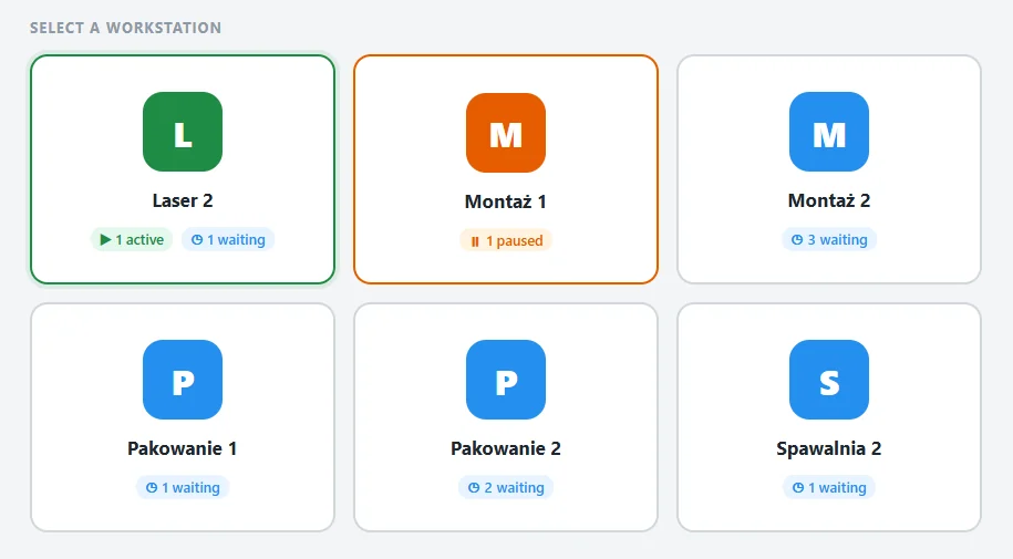 Panel operatora w ERPNext: wybór stanowiska z liczbą zadań w toku i w kolejce